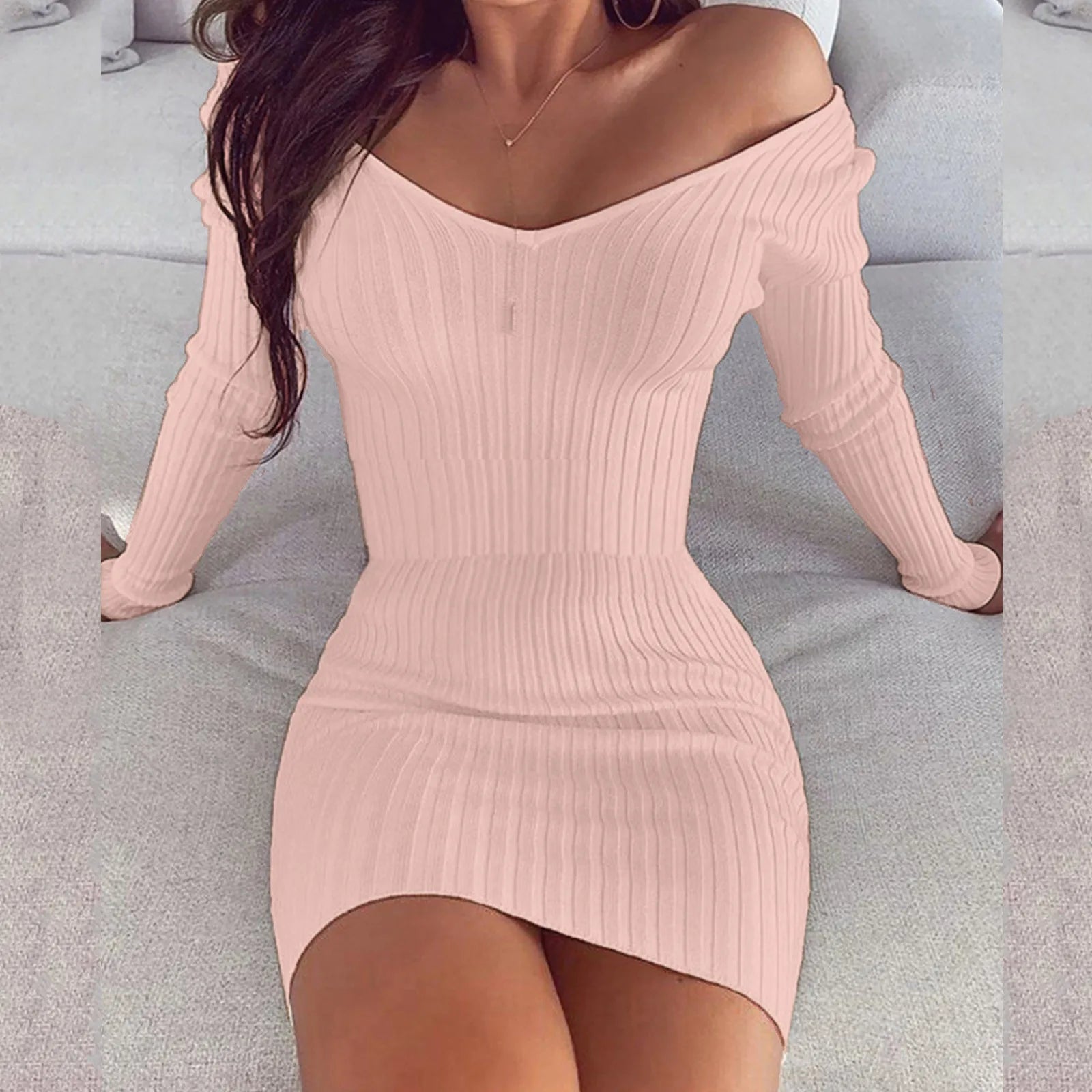 Sexy off Shoulder Long Sleeve Bodycon Dress for Women 2024 Spring Autumn White Knitted Sweater Mini Woman Dresses Robe Femme